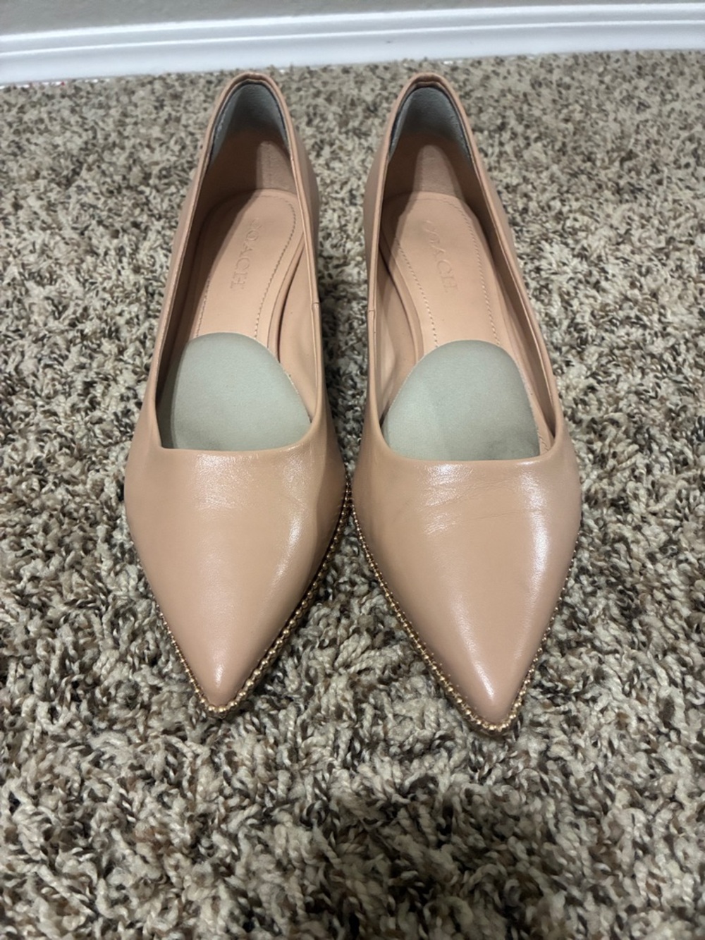 Coach Blush Nude Pointed Toe Flats with Beaded Trim